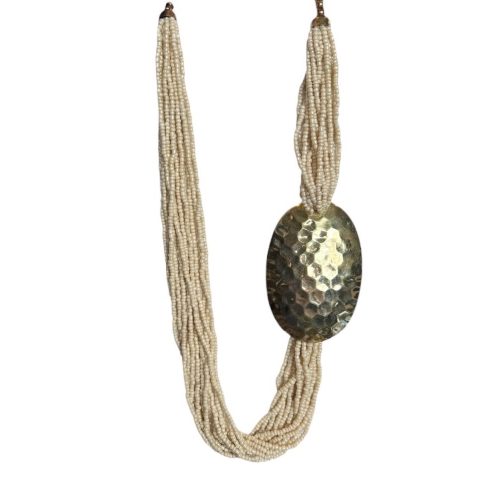 Ivory Multistrand Beaded Adjustable Necklace Gold Hammered Medallion